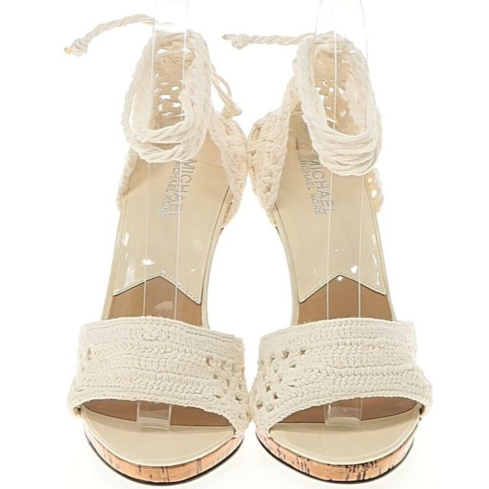 DESIGNER MICHAEL KORS IVORY CROCHET CORK HIGH HEELS STRAPPY SANDALS 8.M - Picture 4 of 14